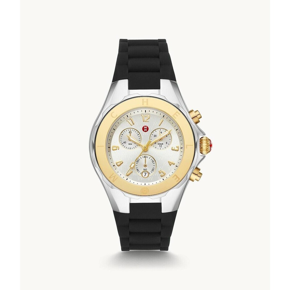 Michele Jelly Bean Two Tone 18k Gold & Silver Black Silicone Watch MWW12F000096